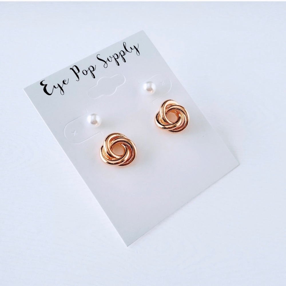 Two in One Earrings Gold Knot Studs & Pearls